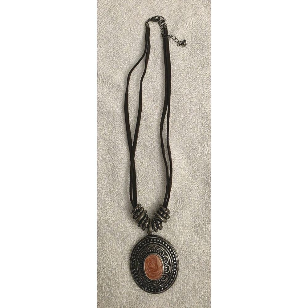 16 Inch Silver Tone Medallion Beaded Brown Leather Strap Necklace 2 In Extender